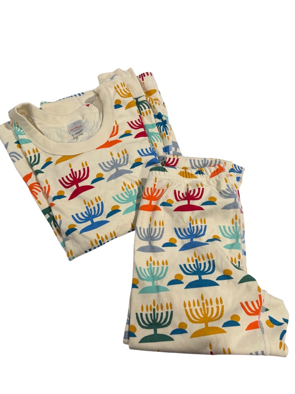 Adult Cream Pajama Set with Colorful Menorah Motif